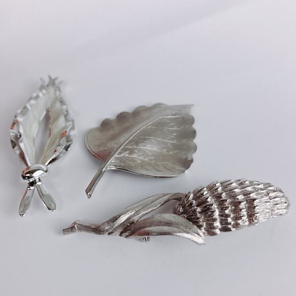 Vintage Signed Pell Brooch Lot Of 3 Mid Century Silver Tone Leaf Pin Jewelry - Picture 11 of 13